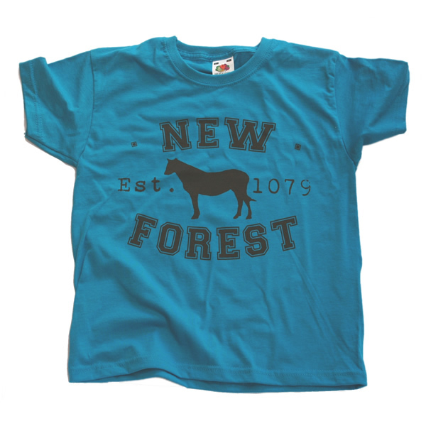 Children's T-shirt - Classic New Forest Pony silhouette (Chestnut brown print on Azure Blue T-shirt)