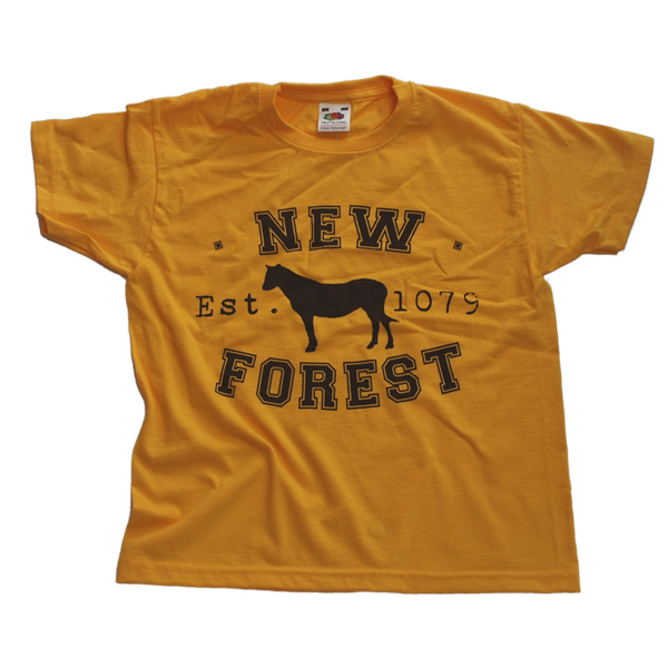 Children's T-shirt - Classic New Forest Pony silhouette (Chestnut brown print on Sunflower T-shirt)