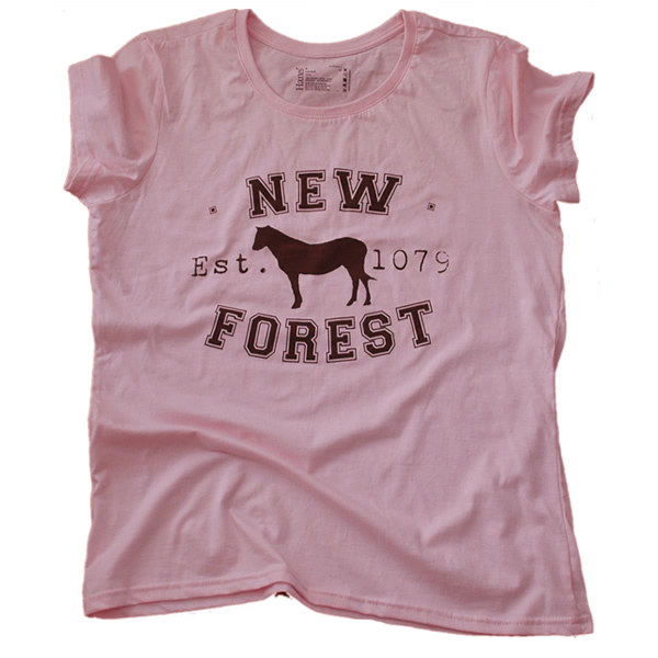 Women's T-shirt - Classic New Forest Pony silhouette (Chestnut brown print on Light Pink T-shirt)